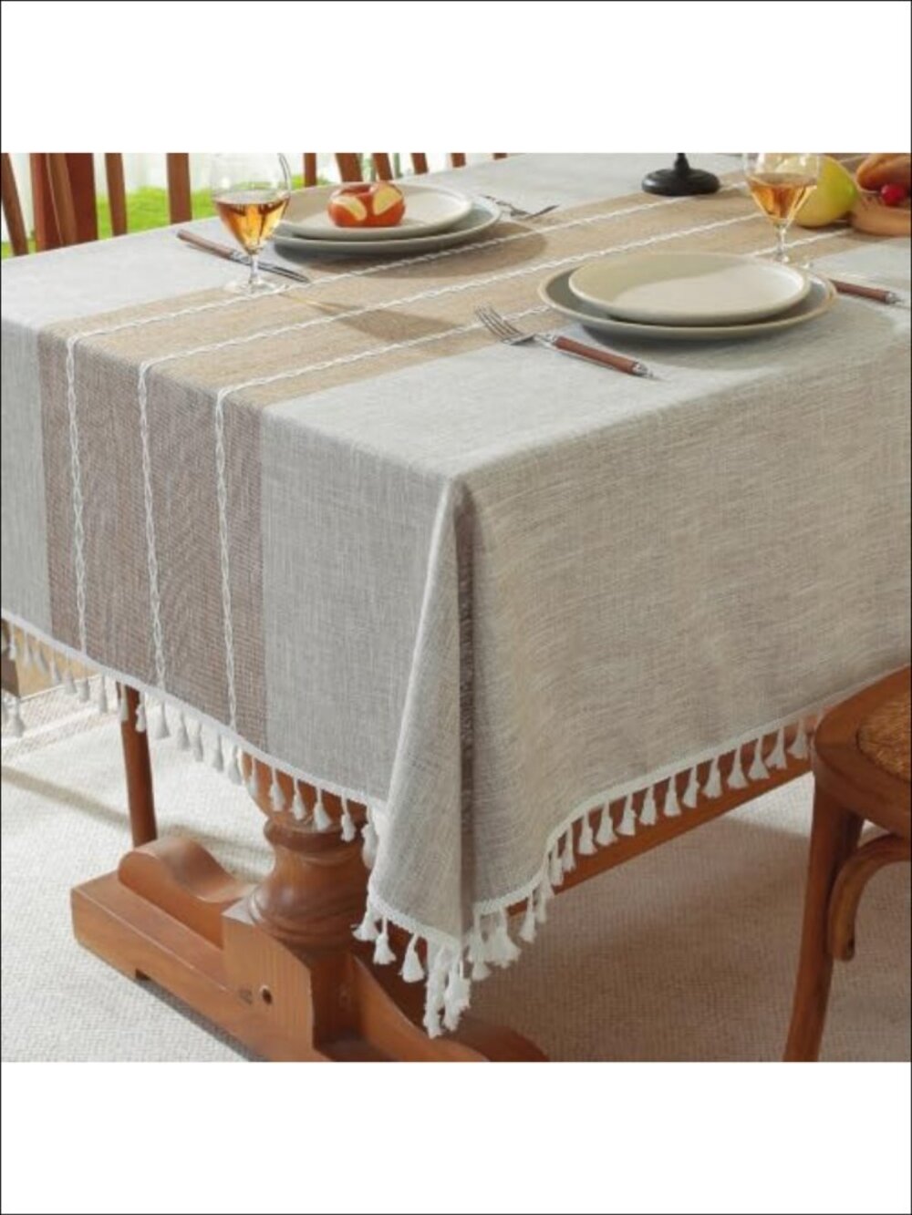 Linen Textured Tablecloth 55x70 Rectangular Farmhouse Boho Tassel Spill